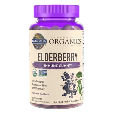 Garden of Life Organics Elderberry Gummies for Adults & Kids - Immune Support Supplement with Organic Fruit, Herbal Blend, Elderberry, Echinacea, Zinc, Vitamin C, 120 Vegan Gluten Free Gummies