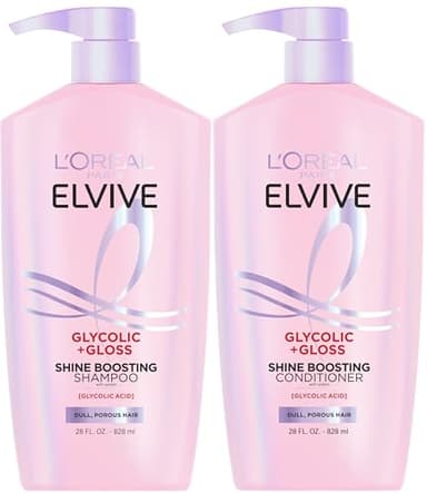 L'Oreal Paris Elvive Glycolic + Gloss Shine Boosting Shampoo and Conditioner Set, Cleanses and Smooths Dull, Porous Hair Into High-Shine, Glossy Hair, 1 Kit
