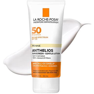 La Roche-Posay Anthelios Mineral Sunscreen SPF 50 Gentle Lotion, Broad Spectrum SPF + Antioxidants, Face & Body Sunscreen, Titanium Dioxide & Zinc Oxide, Oxybenzone Free, Oil Free