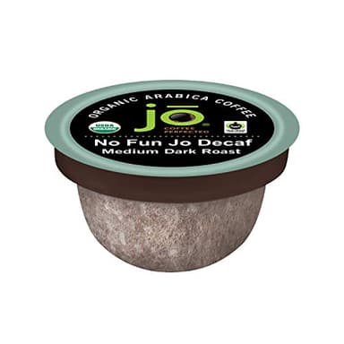 No Fun Jo Decaf: 12 Organic Compostable Pods for Keurig K-Cup Compatible Brewers, Swiss Water Process Eco-Friendly Single Serve Coffee Medium/Dark Roast Fair Trade, Chemical Free by Jo Coffee®