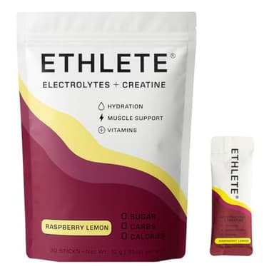 Ethlete Electrolytes + Vitamins + Creatine, Powder, (3-Flavors), 5g Creatine Monohydrate, with Electrolytes, Vitamins B6, B12 & C (Raspberry Lemon)