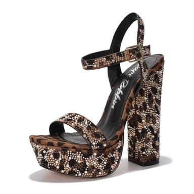 Cape Robbin Women's Rhinestone Platform Heels - 5.5-inch Heel with 1.5-inch Platform - Memory Foam Cushioned Ankle Strap Sandals - Dressy Chunky High Heels for Women Footwear (Rosss) Leopard 11