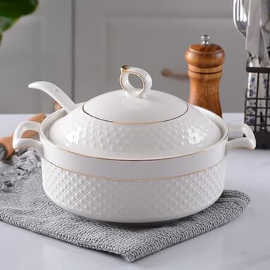 LAAMMIAM White Soup Tureen with Gold Design,Double Handle Soup Serving Bowl with Lid and Spoon Bone China Tableware,1.5L