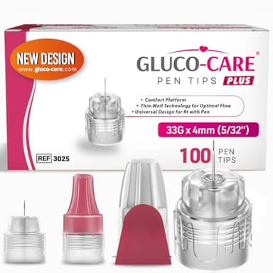 GLUCO-CARE Plus Pen Tips 33G x 4mm, Universal Fit, 100/bx, Flat Base and Extra Thin-Wall Technology