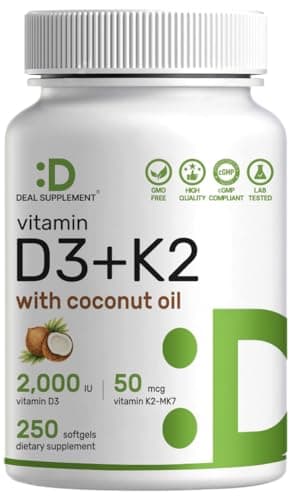 DEAL SUPPLEMENT Vitamin D3 2,000 IU + K2 MK7 50mcg Softgels | 2-in-1 Complex with Virgin Coconut Oil | Supports Heart, Bone, Teeth & Immune Health | Easy to Swallow
