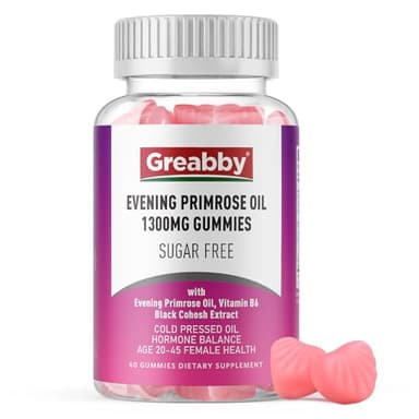 GREABBY Evening Primrose Oil Gummies 1300mg with Black Cohosh & Vitamin B6, Sugar-Free, PMS Relief Supplements for Women 20-45, Chewable PMS Gummies, Strawberry Flavor, Vegan, Pectin, 60 Count