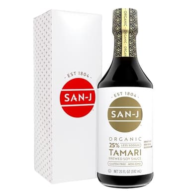 San-J - Organic Gluten Free Tamari Soy Sauce with 25% Less Sodium - Specially Brewed - Made with 100% Whole Soy - 20 oz. Bottle