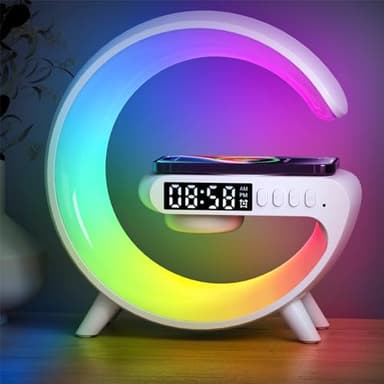 XCDIFA Mini LED Table Lamp with 4-in-1 Wireless Charger, Night Light, Sunrise Alarm Clock, Bluetooth Speaker, Smart Atmosphere Table Lamp for Bedroom, Office, Home Decor (White)