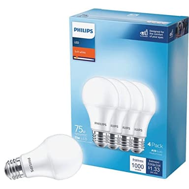 Philips LED Frosted Non Dimmable A19 Light Bulb - EyeComfort Flicker Free - 11W=75W - 1000 Lumen - Soft White (2700K) - E26 Base - Indoor - Pack of 4