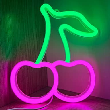 Cherry Neon Sign,Pink Green Cherries Neon Lights Cherry Neon Signs for Wall Decor,Cute Fruits LED Signs for Kids Room Restaurant Bar Fruit Shop Home