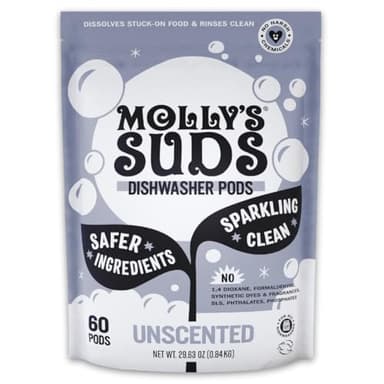 Molly's Suds Dishwasher Pods | Clean Dishwasher Detergent, Cuts Grease & Rinses Clean (Residue-Free) for Sparkling Dishes | 60 Auto-Release Tabs (Unscented)