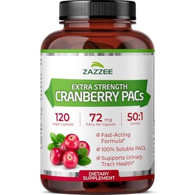 Zazzee Cranberry PACs, 72 mg PACs per Capsule, 2X Strength, 100% Soluble, 120 Vegan Capsules, 50:1 Extract, 18,200 mg Strength, Fast-Acting, Effective Urinary Tract Support, Made in The USA