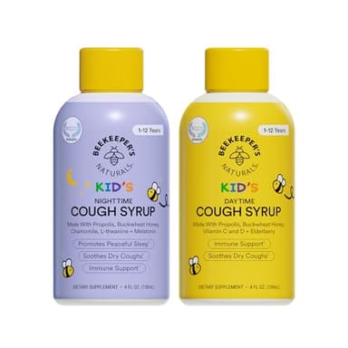 Beekeeper's Naturals Kids Honey Cough Syrup – Day & Night Value Pack – Immune Support with Elderberry, Vitamin C, D, Propolis & Raw Honey – Soothing, Clean Ingredients – Two Pack, 2 x 4 fl oz