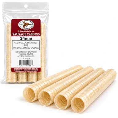 Hi Mountain Seasonings | 24 mm HOT DOG CASINGS | Clear, Edible, Collagen Sausage Casings | Also Great for Brats, Polish, & Italian Sausage Links | Beef, Pork, Venison | Creates up to 30 lbs.