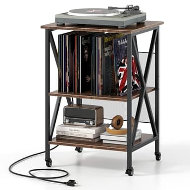 Giantex Record Player Stand with Charging Station, Turntable Stand with Record Storage & 4 Rolling Wheels, Vinyl Record Storage Table up to 250 Albums for Living Room, Bedroom (Dark Brown)