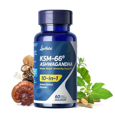LincNutri KSM-66 Ashwagandha Supplements | Ashwagandha Root Extract for Women & Men | 10-in-1 Adaptogen Complex for Cortisol Manager, Stress, Energy & Immune Support | 60 Vegan Capsules