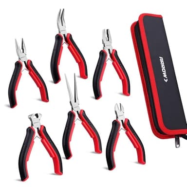 ARROW Mini Pliers Set, 6-Piece Precision Jewelry & Craft Kit – Includes Needle, Diagonal, Long, Bent, End Cutting & Lineman Pliers for Electronics, Crafts & DIY, with Pouch