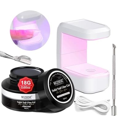 MIZHSE Solid Nail Glue, 18g Solid U V Gel Nail Glue Gel for Nails and Mini Light LED Lamp for Acrylic Nails Tips Long Lasting Rhinestone Glues for Salon Home DIY