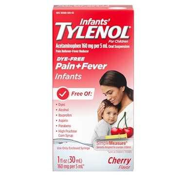 Infants' Tylenol Oral Suspension Liquid Medicine with Acetaminophen, Baby Fever Reducer & Pain Reliever for Minor Aches & Pains, Sore Throat, Headache & Teething Pain, Dye-Free Cherry, 1 fl. oz
