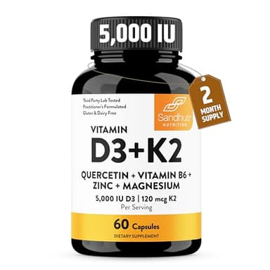 Sandhu's Vitamin D3 K2 Magnesium 5000 IU, 120mcg K2 Capsules 60 Count (Pack of 1) | with VIT B6, Zinc & Quercetin | D3K2 Supports Superior Absorption, Energy, Immune, Muscle Health for Men & Women