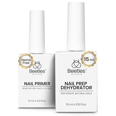 Beetles 15ml Nail Dehydrator and Primer - Acid Free & Hema-Free Natural Prep Dehydrate and Bond Primer for Acrylic Fast Dry Nail Supplies Professional Salons Set