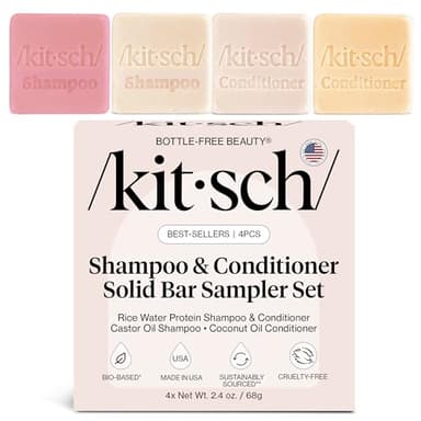 Kitsch Shampoo and Conditioner Set - 4pc Sampler Bars with Rice Water Shampoo and Conditioner, Castor Oil Shampoo & Coconut Oil Conditioner - Bottle-Free Beauty for Hair Growth, Repair & Moisture