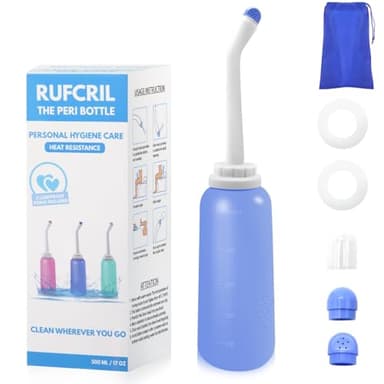 RUFCRIL Peri Bottle, Portable Travel Bidet with Bag, TPE Material Can Be Boiled, 17oz/500ml with 2 Sealing Rings,Essentials for Postpartum Perineal Care,Hemorrhoid Treatment,and Baby(Blue)