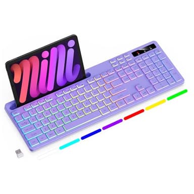 Soueto Wireless Keyboard with 7-Color RGB Backlit, Full-Size Computer Keyboard with Phone Tablet Holder, 2.4G Rechargeable Gaming Keyboard with Light Up Keys, Compatible with Mac, Windows (Purple)