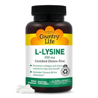 Country Life L-Lysine 500mg with B-6, Supports Immune Health, Promotes Collagen Renewal in Lips and Mouth, 100 Vegan Capsules, Certified Gluten Free, Certified Vegan