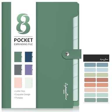 Sooez Elegant Accordion File Organizer, 8 Pocket Expanding File Folders with Labels, Portable Folder for Documents, Cute Paper Organizer for School Office Supplies, Letter Size, Dark Green