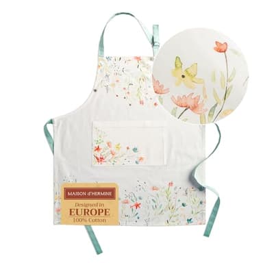 Maison d' Hermine Apron for women with Pocket 100% Cotton 27.50"x31.50" 1 Piece Adjustable Neck Strap & long ties Apron Men, Chef, Wedding, Cooking, Gardening, Server Spring/Summer (Colmar)