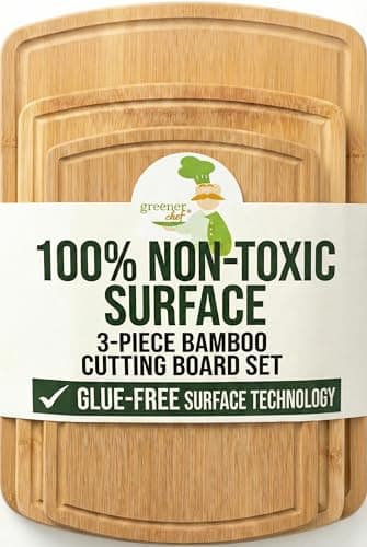 Glue-Free Organic Bamboo Cutting Board Set of 3 – Glue-Free "Single-Sheet" Surface Technology – Non-Toxic Wooden Chopping Boards for Kitchen – Lightweight, Heavy Duty Serving Boards for Charcuterie