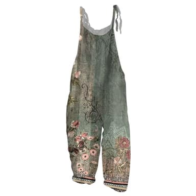 Spring Summer Plus Size Overalls for Women 2026 Floral Boho Linen Cloth Jumpsuits Rompers Dresses Loose Fit Bib Baggy Jumpers Pants Dark Green XXL
