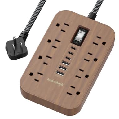 Walnut Power Strip with USB Ports - 5 FT Wood Power Strip, 1625W Decorative Extension Cord with 6 AC Outlet 3 USB, for Brown Tan Wood Walnut Grain Aesthetic Vintage Rustic Desk Accessories Décor