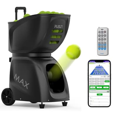 PUSUN PT-MAX C Professional Smart Tennis Ball Machine | APP Controlled 28-Point Programming | 5-7Hr Ultra Battery | 20-140km/h Variable Speed | 150 Ball Capacity | Portable Training Solution (Black)