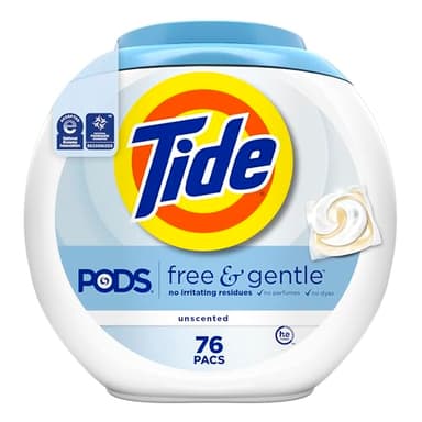 Tide PODS Free & Gentle laundry detergent, 76 ct, Trusted, gentle laundry detergent pods, 100% free of irritating residues: no added dyes and perfumes