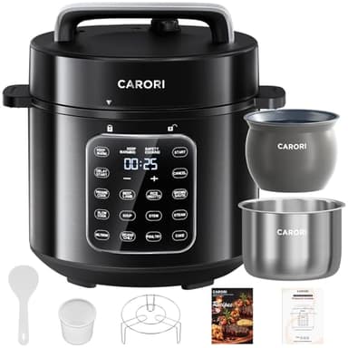 CARORI 9-in-1 Electric Pressure Cooker 6 Qt, Dual Inner Pots, Stainless Steel Pot and Non-Stick Pot, 12 Preset Cooking Programs with IMD Touchscreen, Safe Vent, Slow Cook, Rice Cook, Steam, Black