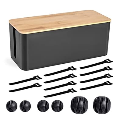 Cable Management Box - Wooden Style Cord Organizer Box to Hide Wires & Power Strips | Desk Computer Cable Organizer Box | Safe ABS Material | 12.6" (L) x 5.3" (W) 4.9" (H) | for Home & Office - Black