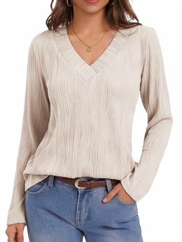 WUDODO V Neck Shirt for Women 2026 Spring Long Sleeve Blouse Loose Fit Work Office Textured Basic Knit T Shirt Y2k Clothes Apricot M