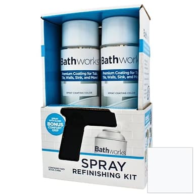 Bathworks Bathtub Refinishing Kit (WHITE); 2 Spray Cans; for Tub, Tile, & More; 32oz of Resin Paint; 24-hour dry time; with bonus comfort grip