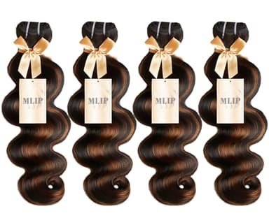 mlip (14 16 18 18 inch Raw Indian Human Hair Body Wave 4 Bundles, 3X Longer Lifespan,100% Unprocessed Raw Hair, No Tangle & Shedding, Silky Soft After Multiple Washes, Brown Highlight Color
