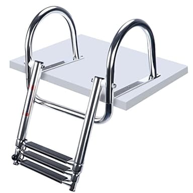 Marinebaby 3 Steps Pontoon Boat Ladder, Stainless Steel Folding Telescoping Rear Entry Inboard Ladder Heavy Duty Custom Swim Deck Ladder with Pedal Hand Railing Ladder