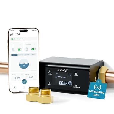 Frizzlife LP365 Smart Water Monitor and Automatic Shutoff - 0.01GPM Ultrasonic Micro Leak Detection, APP Wi-Fi Remote Control, Real-Time Flow/Temp Monitoring, 24/7 Water Usage Reports, 3/4" and 1"