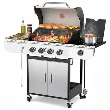 COWSAR 4-Burner Gas Grill, 42000 BTU BBQ Grill, Stainless Steel Barbecue Grill with Side Burner, Enameled Cast Iron Grill, Pull-Out Oil Tray, Suitable For Outdoor, Backyard Barbecues