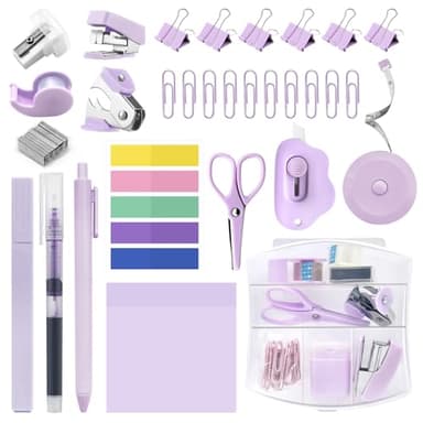 Mini Office Supply Kit, Mini Stapler with Staples and Tape Dispenser Set, Mini Stationary Kit Includes Sticky Notes Index Tabs Highlighters Gel Pens for Office & School Supplies (Purple)