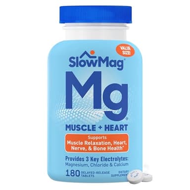 SlowMag Muscle & Heart Magnesium Chloride Supplement with Calcium, 180 Count, Supports Muscle Relaxation, Heart, Nerve & Bone Health, High Absorption