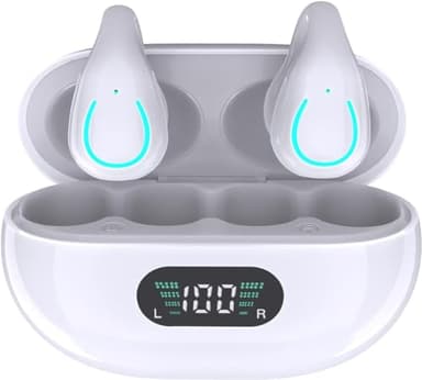 Obbug Clip-On Open Ear Headphones Wireless Bluetooth 5.3 Earbuds with Earhooks 80 Hours Playtime with Charging Case,IPX4 Waterproof Earphones for Running, Walking, Workout (White)