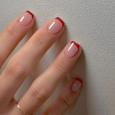 Red French Tip Press on Nails Short Square Petite Fake Nails Reusable False Nails Full Cover Nude Pink Glossy Glue on Nails Acrylic Nails Stick on Nails for Women Girls 24Pcs