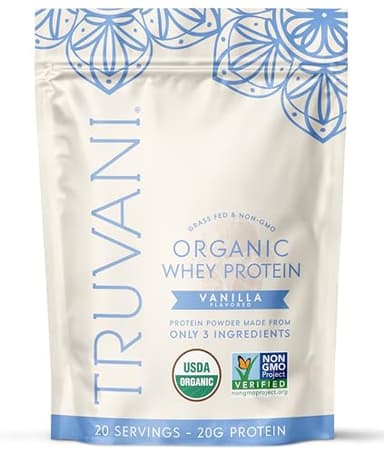 Truvani Organic Whey Protein Powder | Vanilla | 20g Grass Fed Whey Protein | 20 Servings | USDA Organic & Non-GMO | Gluten Free | No Gums, No Soy, No Stevia, No Added Sugars