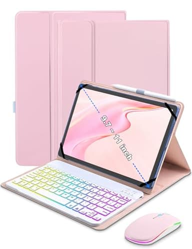 XCHYTECHER Universal Tablet Keyboard Case for 9.7",10.1",10.2",10.5",10.9",11" iPad Samsung Fire Pixel Android 10.1 inch Tablets, 7 Color Rainbow Backlit Removable Keypad with Pen Holder(Pink) + Mouse